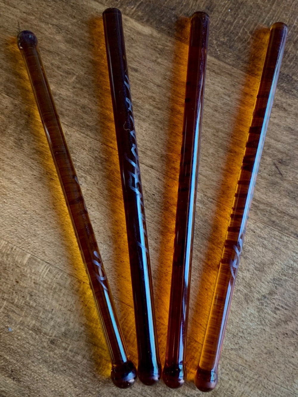 Set of 4 Fred Harvey Amber Glass Swizzle Sticks – Silver Overlay – 5” - Vintage
